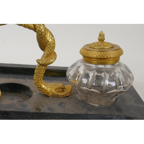 48 - C19th ebonised desk stand with ormolu handle in the form of a serpent, AF losses, 35 x 21 x 15cm