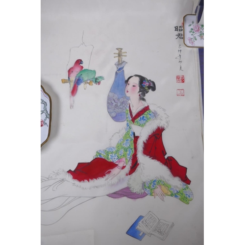 49 - A Chinese silk picture of a female musician, signed and with seal marks, 35cm x 57cm, a Chinese scro... 