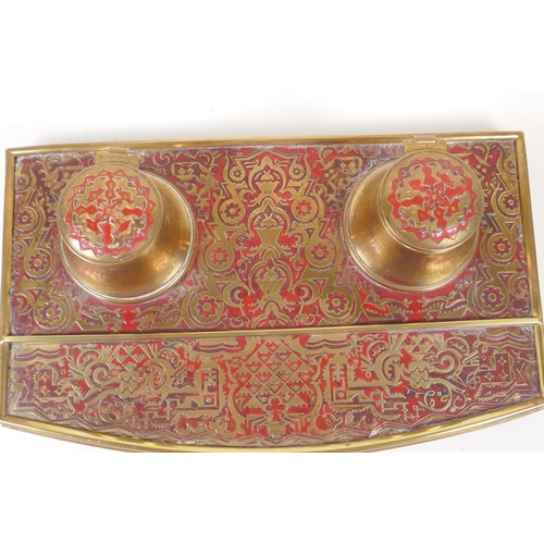 5 - An embossed and lacquered brass boule style desk inkwell, 27cm wide