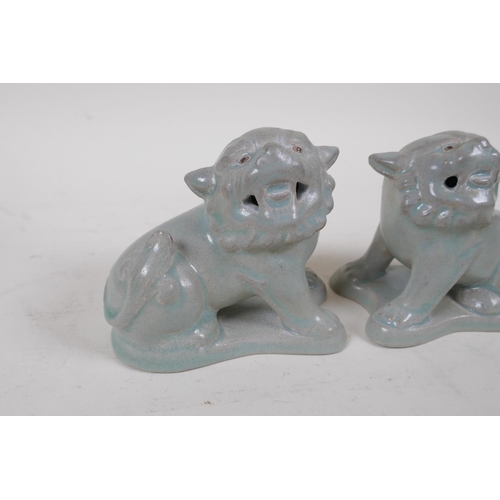 59 - A pair of Chinese porcelain temple lions with ru-ware style glazes, 10cm high, 11cm long