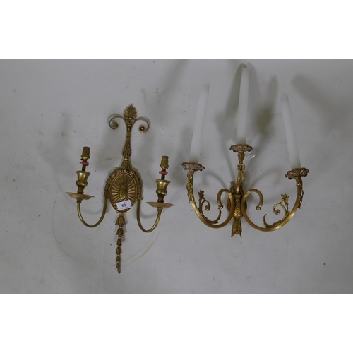 63 - A neo classical style brass two branch wall sconce, AF, 46cm long and another three branch