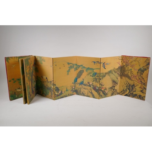 66 - A Chinese printed concertina book depicting Asiatic birds in the natural habitats, with embroidered ... 