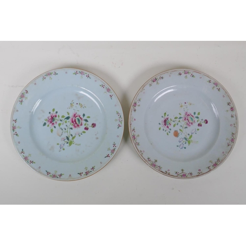 72 - A pair of C19th Chinese export ware porcelain cabinet plates, with famille rose enamel floral decora... 