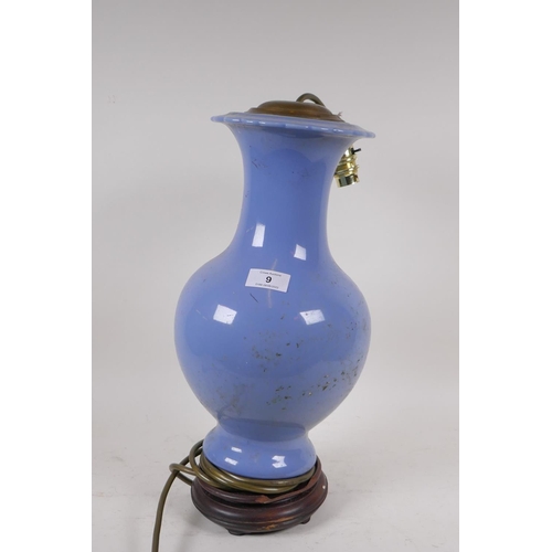 9 - An antique Chinese blue glazed ceramic vase converted to a lamp, seal mark to base, drilled, vase 34... 