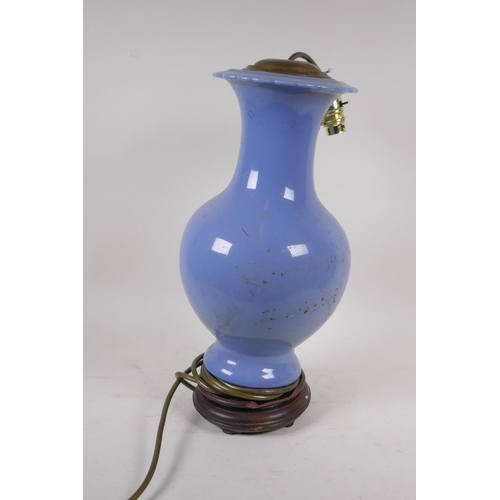 9 - An antique Chinese blue glazed ceramic vase converted to a lamp, seal mark to base, drilled, vase 34... 