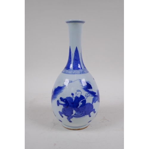 1 - A C19th blue and white porcelain bottle vase decorated with boys playing, Chinese Qianlong 6 charact... 