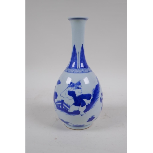 1 - A C19th blue and white porcelain bottle vase decorated with boys playing, Chinese Qianlong 6 charact... 