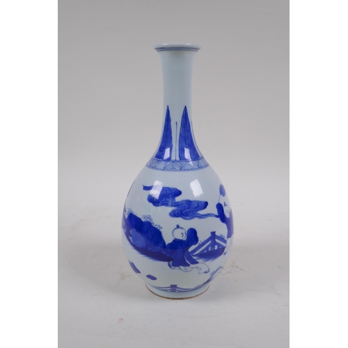 1 - A C19th blue and white porcelain bottle vase decorated with boys playing, Chinese Qianlong 6 charact... 