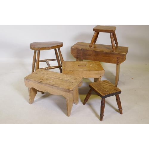 1183 - Collection of stripped pine stools, fruitwood stool and a C19th elm top stool, 44cm high