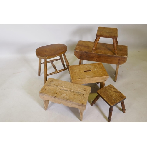 1183 - Collection of stripped pine stools, fruitwood stool and a C19th elm top stool, 44cm high