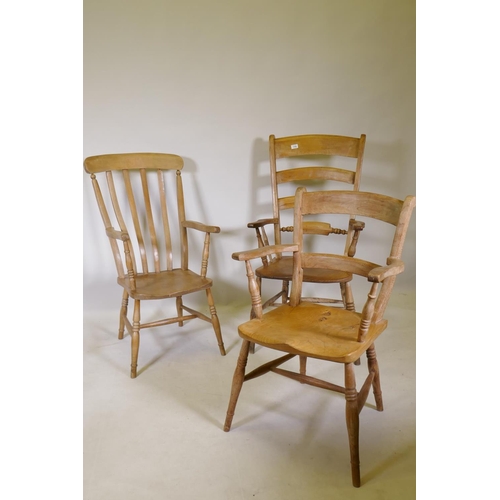 1185 - A C19th Windsor lathe back elbow chair with elm seat, an Oxford elbow chair and bar back elbow chair