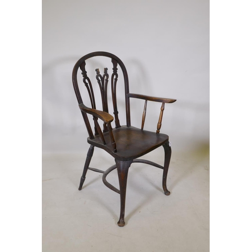 1196 - A Georgian style beechwood hoop back elbow chair with pierced splats and crinoline stretcher, AF