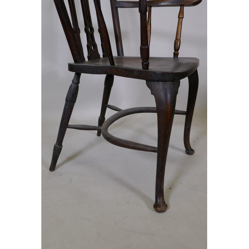 1196 - A Georgian style beechwood hoop back elbow chair with pierced splats and crinoline stretcher, AF