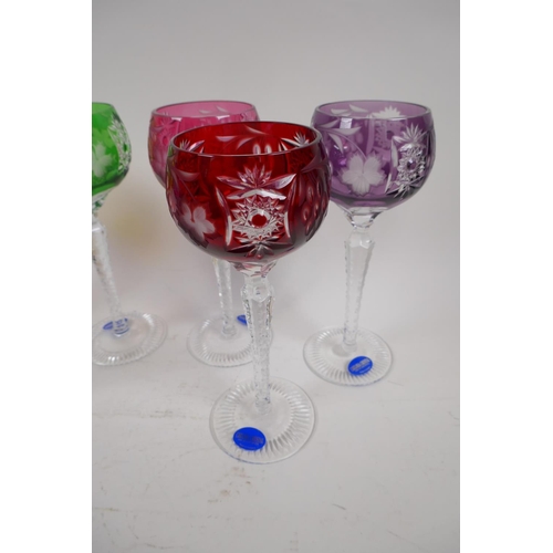 12 - A harlequin set of 6 long stem Hock glasses with cut and coloured bowls by Chelsea Crystal, 21cm hig... 