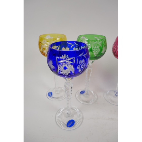 12 - A harlequin set of 6 long stem Hock glasses with cut and coloured bowls by Chelsea Crystal, 21cm hig... 