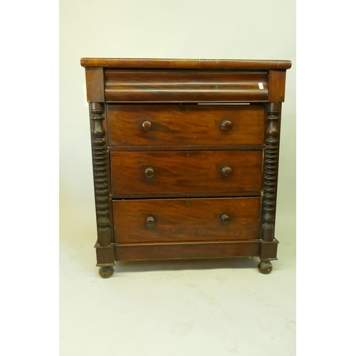 1203 - A Victorian mahogany Scotch chest with moulded frieze drawer over three more, flanked by turned colu... 