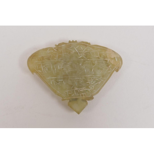 48 - A Mughal celadon jade pendant set with gems, carved inscription verso, 6 x 4.5cm