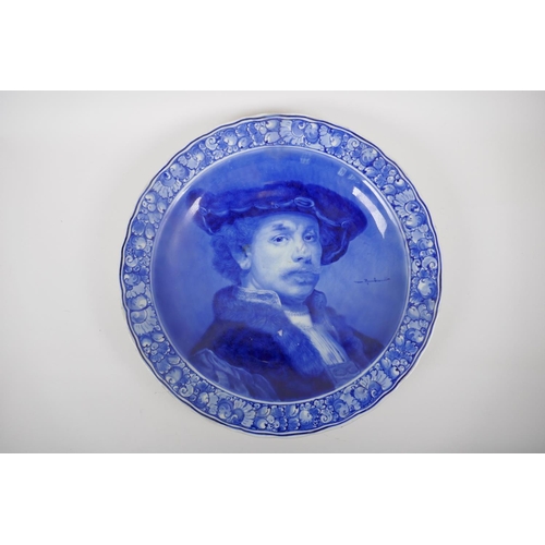 70 - A blue and white Delft charger depicting Rembrandt, marks to the base, AF repairs, 41cm diameter