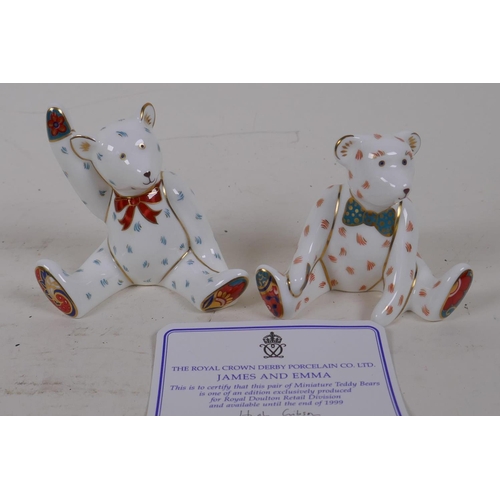 72 - Royal Crown Derby porcelain James and Emma miniature teddy bears, boxed, 7cm high