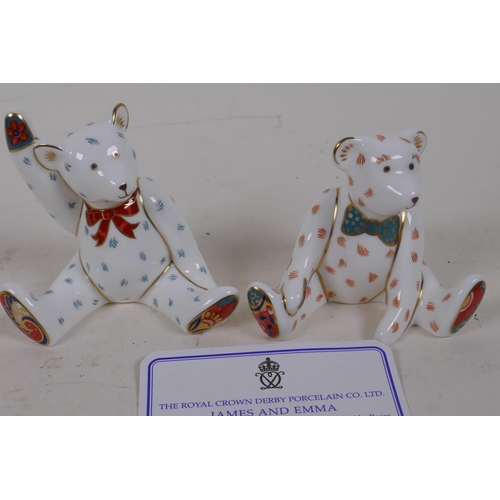 72 - Royal Crown Derby porcelain James and Emma miniature teddy bears, boxed, 7cm high