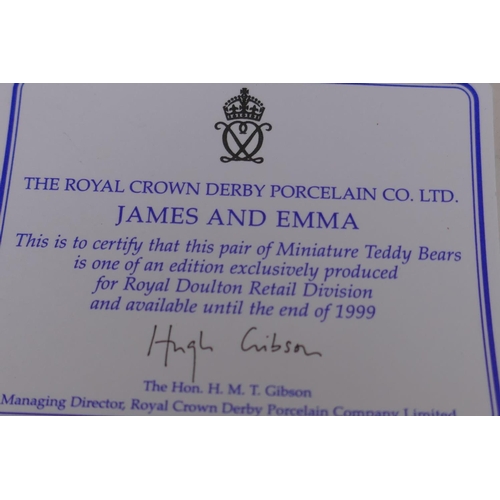 72 - Royal Crown Derby porcelain James and Emma miniature teddy bears, boxed, 7cm high