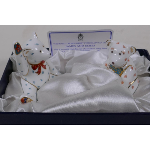 72 - Royal Crown Derby porcelain James and Emma miniature teddy bears, boxed, 7cm high