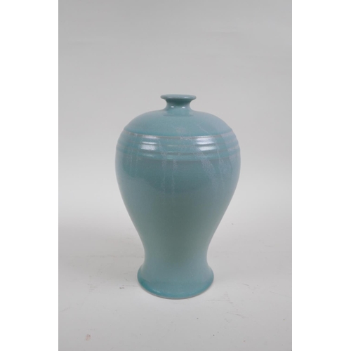 78 - A Chinese Ru ware style Meiping vase with ribbed details, 24cm high