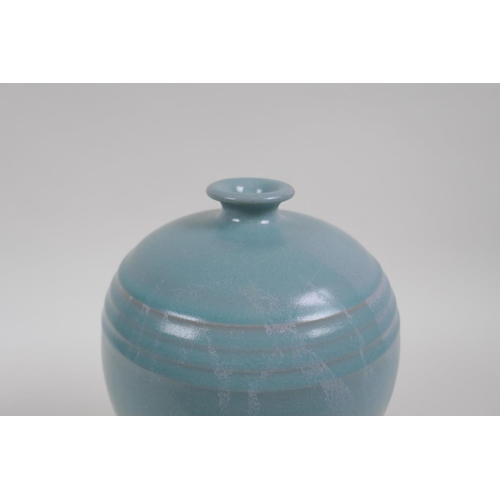 78 - A Chinese Ru ware style Meiping vase with ribbed details, 24cm high