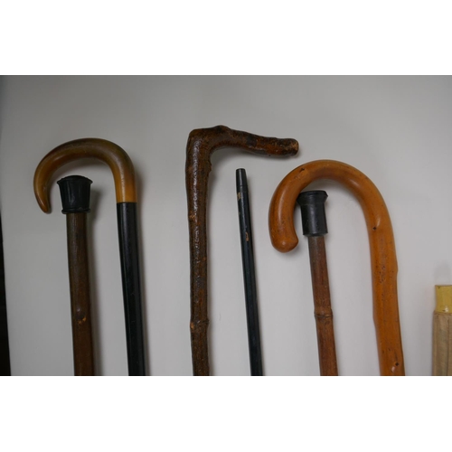 8 - A collection of walking sticks including an ebonised stick with a hallmarked silver cuff, and a horn... 