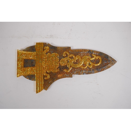 83 - A Chinese carved marbled jade tablet in the form of a Ge (dagger axe) with applied gilt kylin decora... 