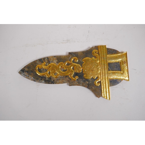 83 - A Chinese carved marbled jade tablet in the form of a Ge (dagger axe) with applied gilt kylin decora... 