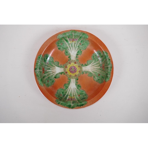 86 - A polychrome porcelain cabinet dish with Chinese cabbage leaf decoration on an orange ground, 6 char... 