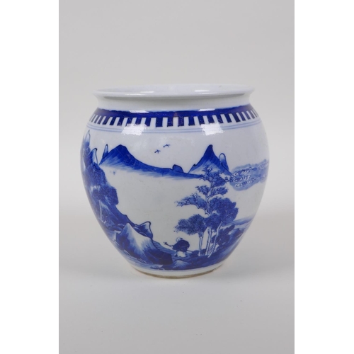 18 - A blue and white pot decorated with figures in a riverside landscape, Chinese KangXi 6 character mar... 