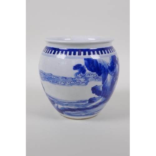 18 - A blue and white pot decorated with figures in a riverside landscape, Chinese KangXi 6 character mar... 