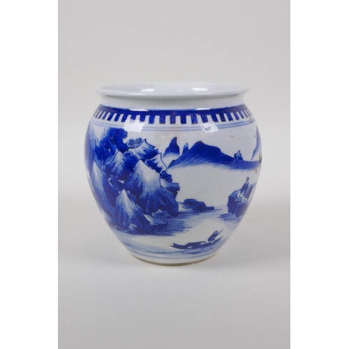 18 - A blue and white pot decorated with figures in a riverside landscape, Chinese KangXi 6 character mar... 