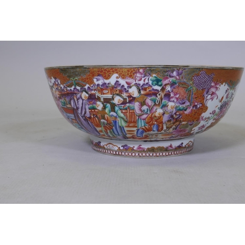 3 - A C19th Chinese export rose mandarin punch bowl, AF, broken, repaired, 33cm diameter