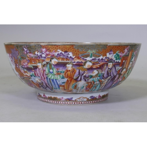 3 - A C19th Chinese export rose mandarin punch bowl, AF, broken, repaired, 33cm diameter