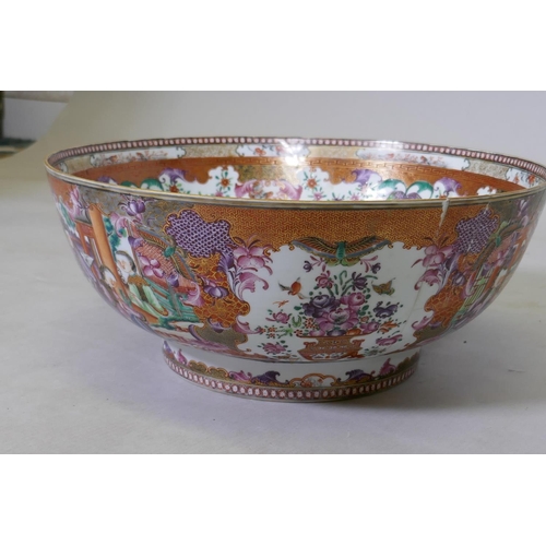 3 - A C19th Chinese export rose mandarin punch bowl, AF, broken, repaired, 33cm diameter