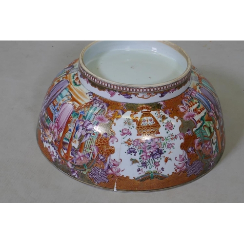 3 - A C19th Chinese export rose mandarin punch bowl, AF, broken, repaired, 33cm diameter