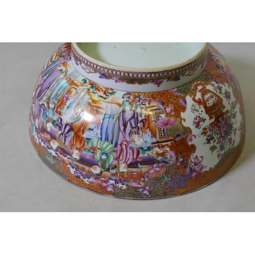 3 - A C19th Chinese export rose mandarin punch bowl, AF, broken, repaired, 33cm diameter