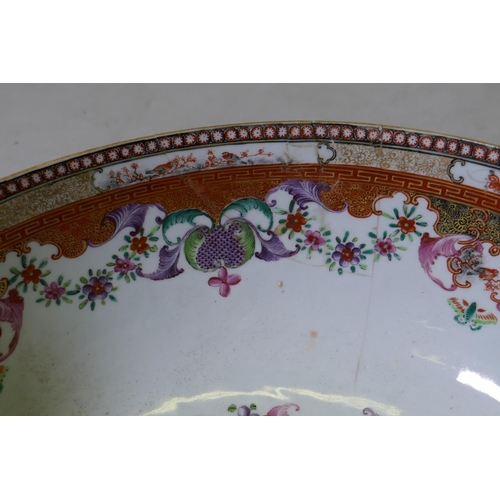 3 - A C19th Chinese export rose mandarin punch bowl, AF, broken, repaired, 33cm diameter