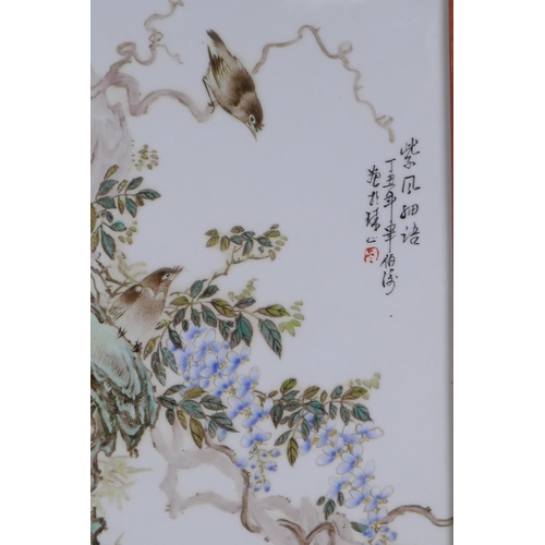 55 - A pair of Chinese famille vert porcelain plaques depicting birds amongst flowers, in hardwood frames... 