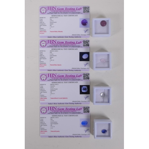 Four gemstones with associated JBN Gem Testing Lab