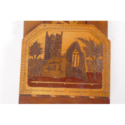 1 - A Killarney inlaid extending book slide, decorated with images of Muckross Abbey, Ross Castle and Gl... 