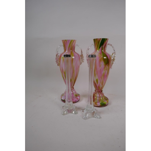 112 - A pair of slender clear glass specimen vases with hallmarked silver rims, 21cm high, and a pair of m... 