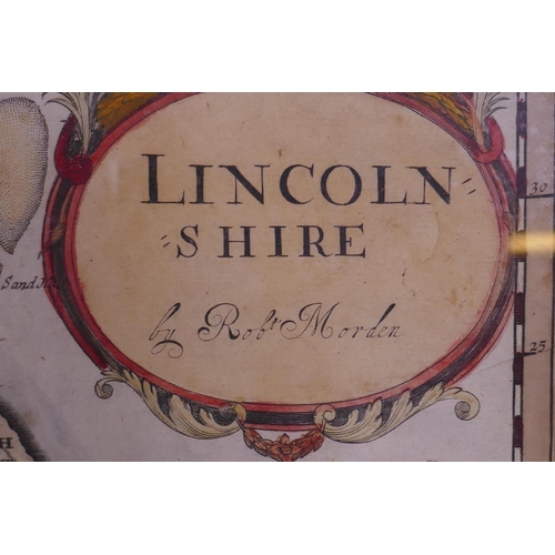 113 - A Robert Morden hand coloured map of Lincolnshire, 42cm x 37cm