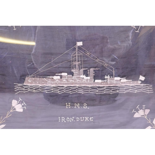 114 - An embroidered silk with lace border and photograph of crew mates of HMS Ironduke, early C20th