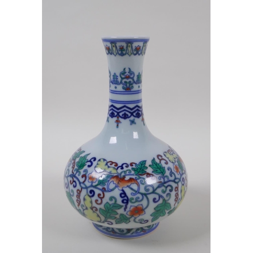 118 - A Doucai porcelain bottle vase with bat and gourd vine decoration, Chinese Qianlong seal mark to bas... 