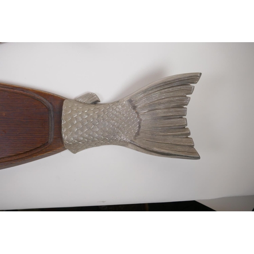 121 - A vintage Japanese wood fish serving board with metal ends, and another smaller, largest 90cm long x... 