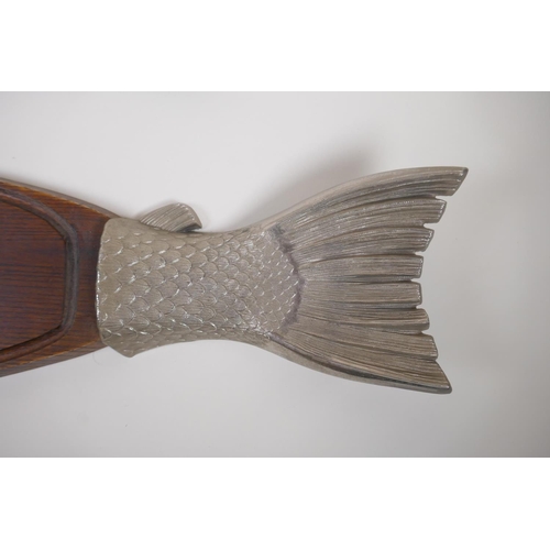 121 - A vintage Japanese wood fish serving board with metal ends, and another smaller, largest 90cm long x... 